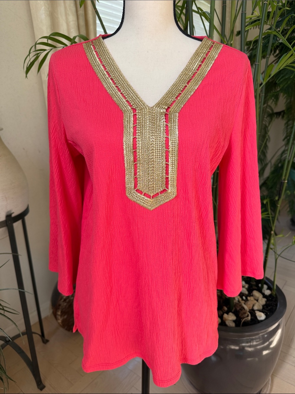 Belle by Kim Gravel Neon Pink Tunic with Gold Trim V-Neck